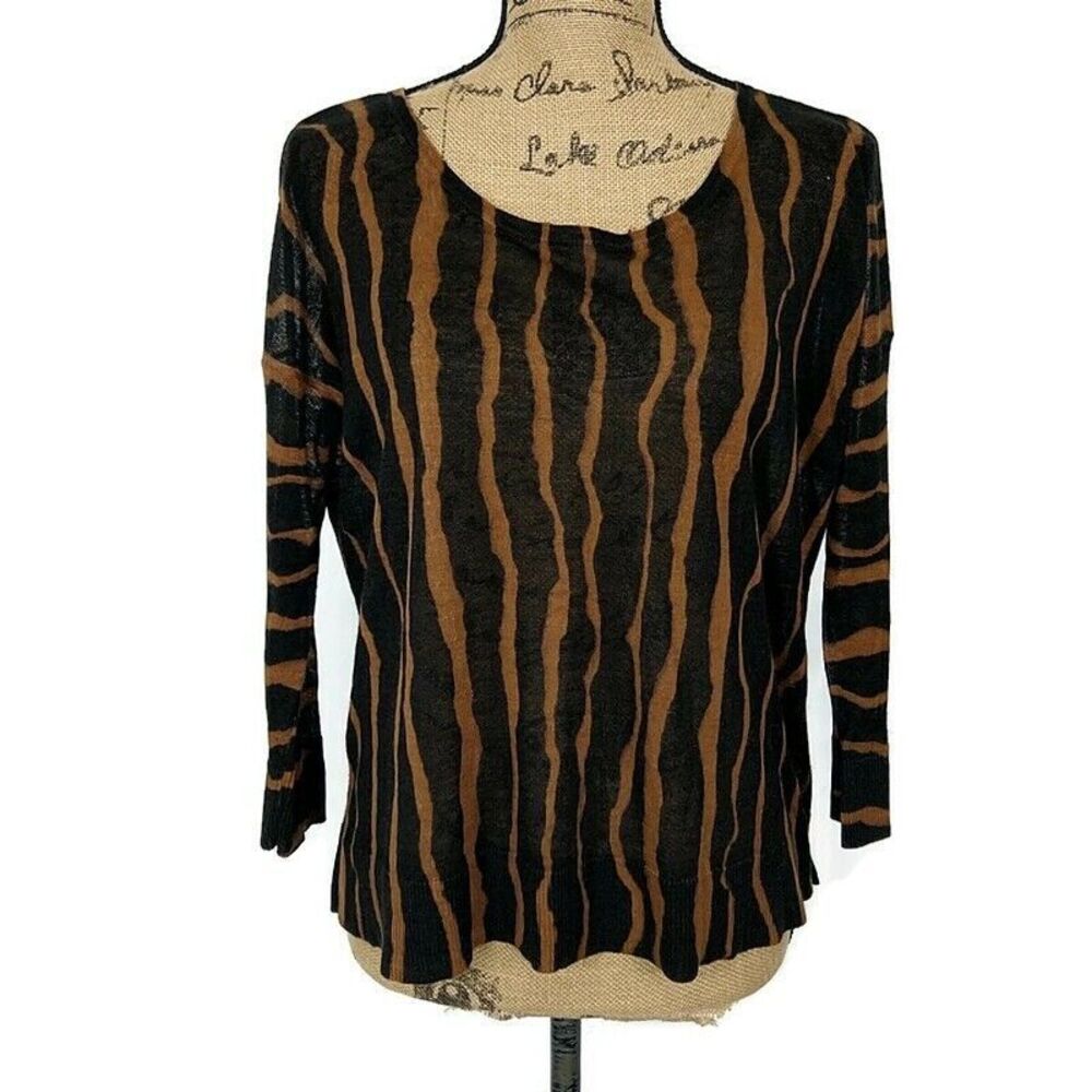 Loft Womens sz M Sweater Brown‎ Black Zebra Striped Ramie Blend Wide Neck